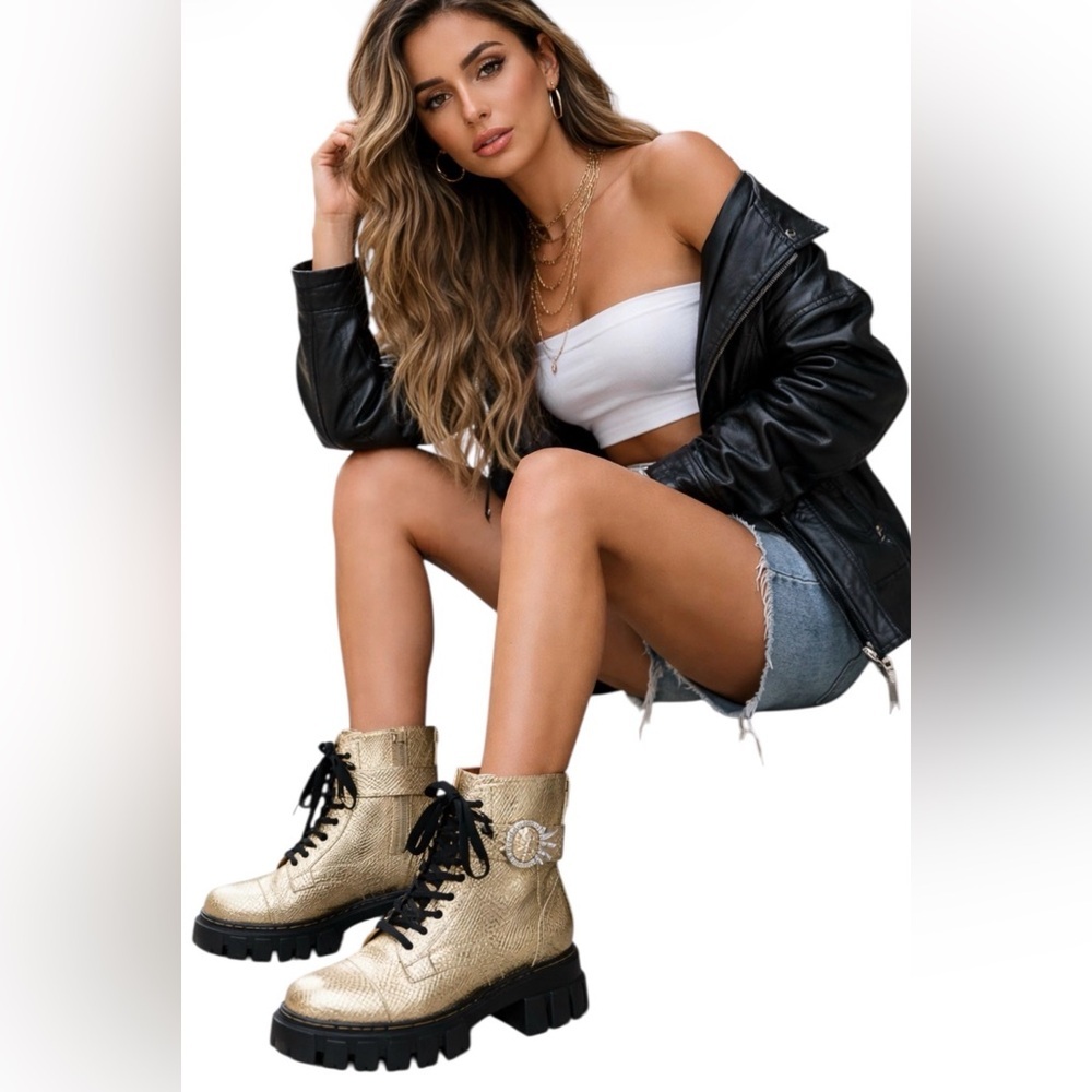 VANESSA OSORIO DESIGNER GOLD SNAKESKIN COMBAT LUXURY CHUNKY BOOTS WOMEN SIZE 6